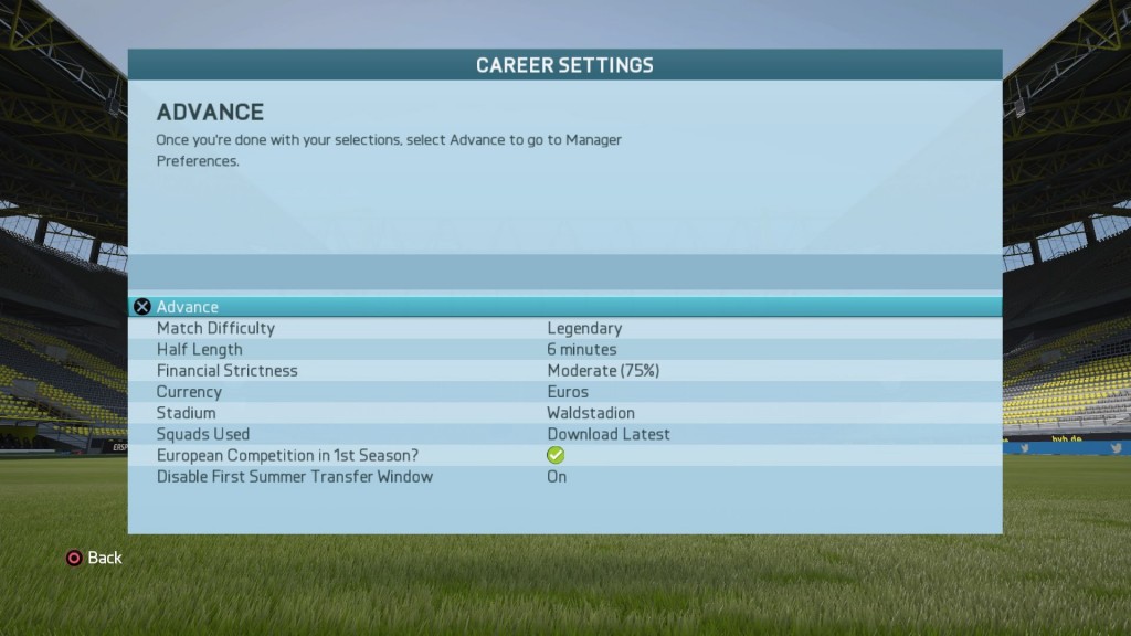 FIFA16キャリアモードの設定画面