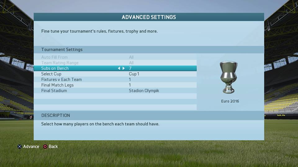 FIFA16大会方式オプションの設定画面