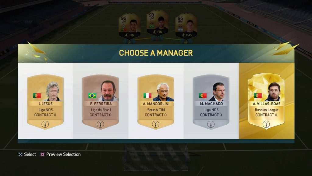 FIFA16UTドラフトの監督選択画面